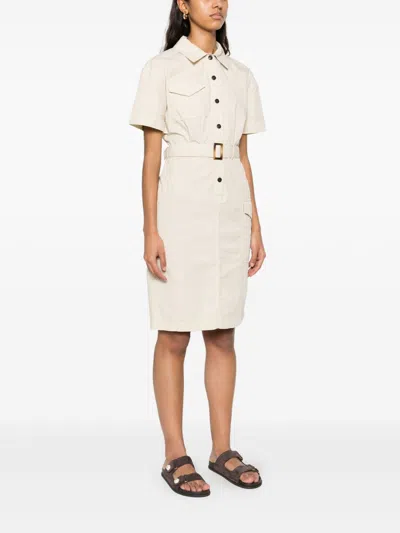 Woolrich Cotton Dress With Buttons And Buckle Belt In Neutral