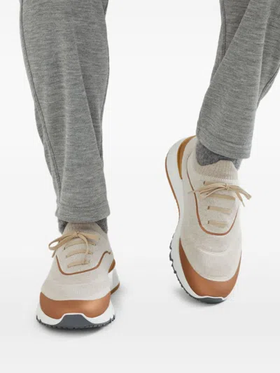 Brunello Cucinelli Canvas Sneakers With Contrasting Toe Cap In Brown