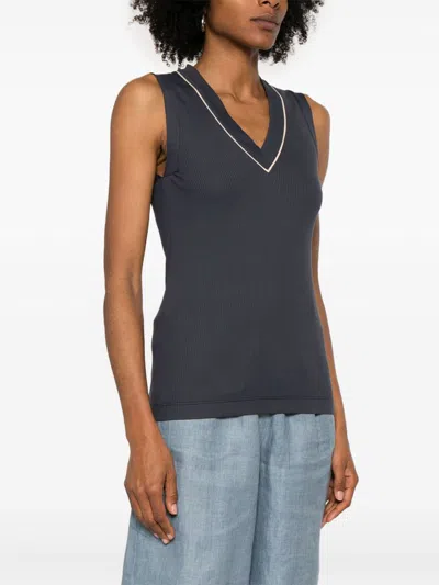 Brunello Cucinelli Cotton V-necked Top In Gray
