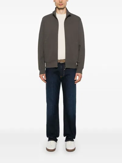 Emporio Armani High Neck Zippered Cotton Sweatshirt With Slip Pockets In Multi