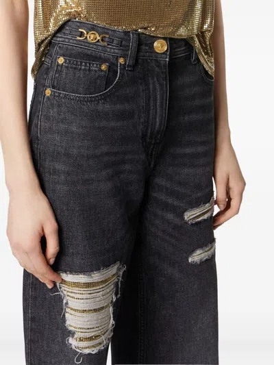 Versace Chainmail-insert Distressed Straight-leg Pants In Black
