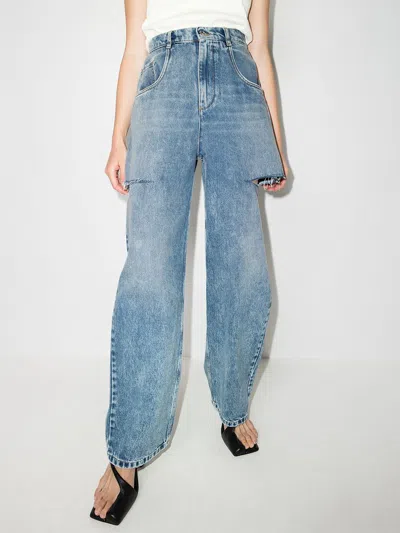 Maison Margiela Light Blue Denim Distressed Straight Leg Jeans With Cut-out In Blue