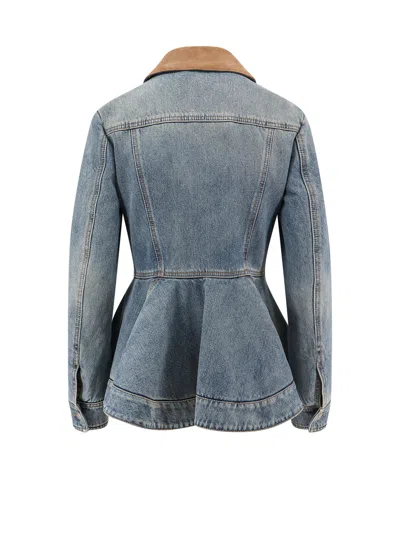 Alexander Mcqueen Corduroy Collar Peplum Denim Jacket Clothing In Blue