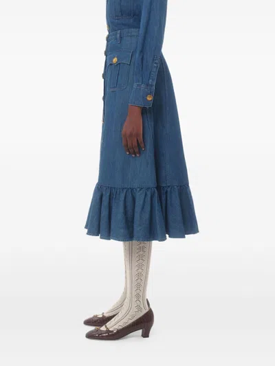 Valentino Womens Front-button Tiered Cotton-linen Blend Midi Skirt Medium Blue Denim In Blue