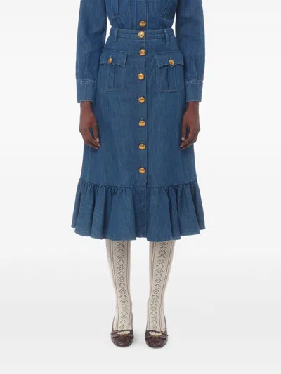Valentino Womens Front-button Tiered Cotton-linen Blend Midi Skirt Medium Blue Denim In Blue