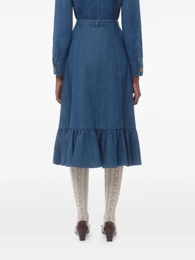 Valentino Womens Front-button Tiered Cotton-linen Blend Midi Skirt Medium Blue Denim In Blue