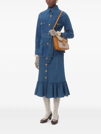 Valentino Womens Front-button Tiered Cotton-linen Blend Midi Skirt Medium Blue Denim In Blue