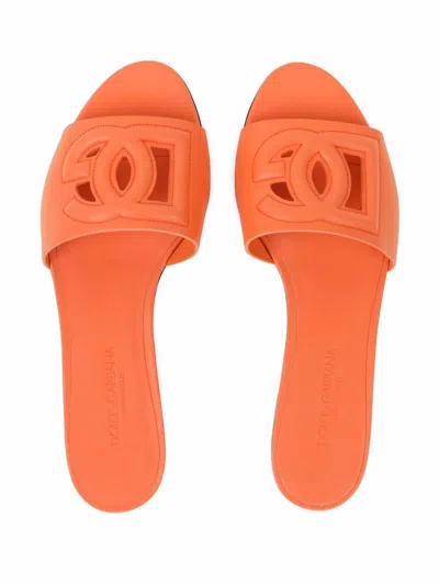 Dolce & Gabbana Slide Sandals In Orange Leather With Logo