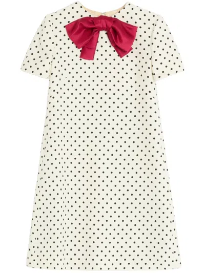 Valentino Garavani Polka Dot Satin Bow Tweed Shift Dress In White