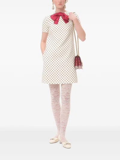 Valentino Garavani Polka Dot Satin Bow Tweed Shift Dress In White