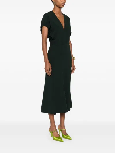 Victoria Beckham Green Midi Dress With Ruched Sleeves And V Neck