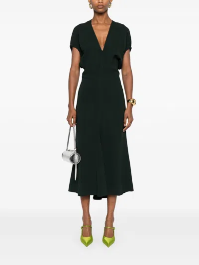Victoria Beckham Green Midi Dress With Ruched Sleeves And V Neck