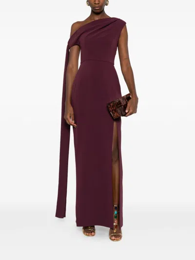 Solace London Irina Bordeaux One-shoulder Long Dress With Draped Neckline In Fabric Woman In Burgundy