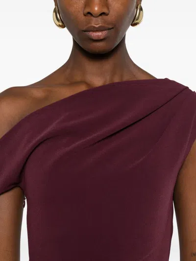 Solace London Irina Bordeaux One-shoulder Long Dress With Draped Neckline In Fabric Woman In Burgundy