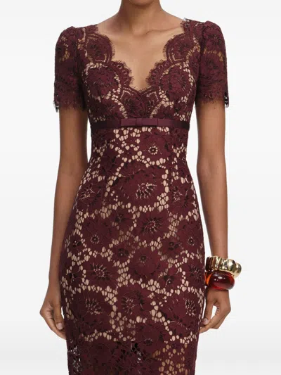 Self-portrait Womens Burgundy Floral Lace Bow-embellished Woven Midi Dress In Burgundy