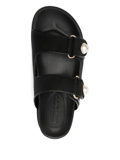 Jimmy Choo Fayence Leather-trimmed Faux Pearl-embellished Mesh Slides In Black