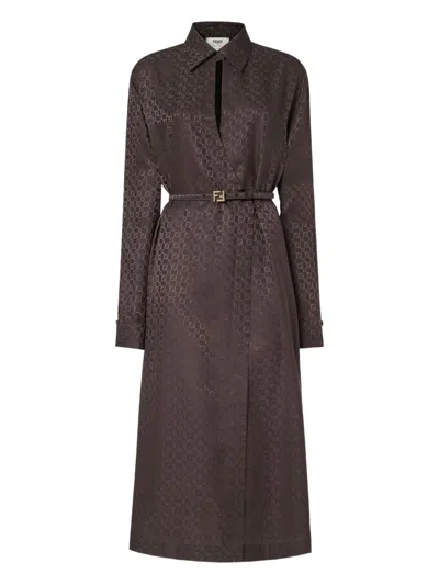 Fendi Silk Chess Ff Long Sleeve Midi Dress Dresses Brown In Brown