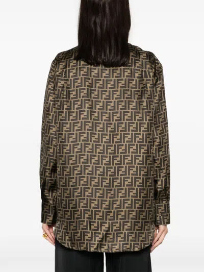 Fendi Silk Shirt With Curved Hem And Fabric-covered Buttons In Brown