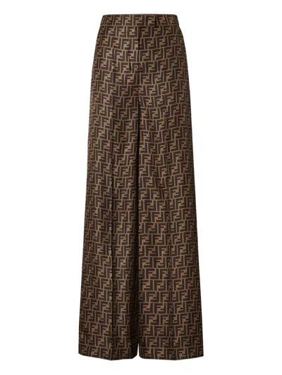 Fendi Ff Silk Twill Wide Leg Trousers Clothing In Brown