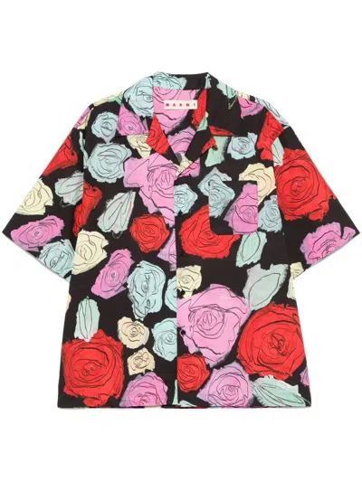 Marni Convertible-collar Floral-print Cotton-poplin Shirt In Neutral
