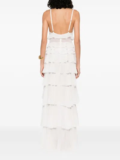 Elisabetta Franchi Ruffled V-neck Maxi Dress With Layered Detailing In White