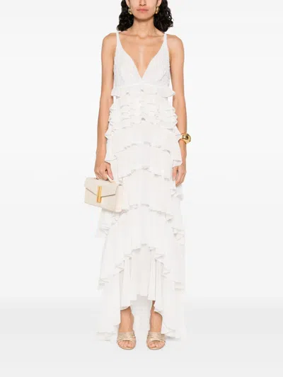 Elisabetta Franchi Ruffled V-neck Maxi Dress With Layered Detailing In White