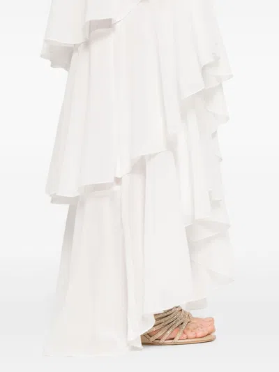 Elisabetta Franchi Ruffled V-neck Maxi Dress With Layered Detailing In White
