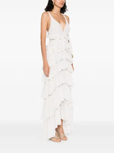 Elisabetta Franchi Ruffled V-neck Maxi Dress With Layered Detailing In White