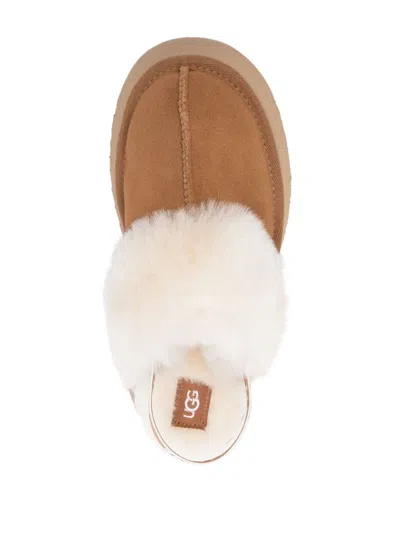 Ugg Platform Mules Made Of Camel-colored Leather With Faux Fur And Elastic Back