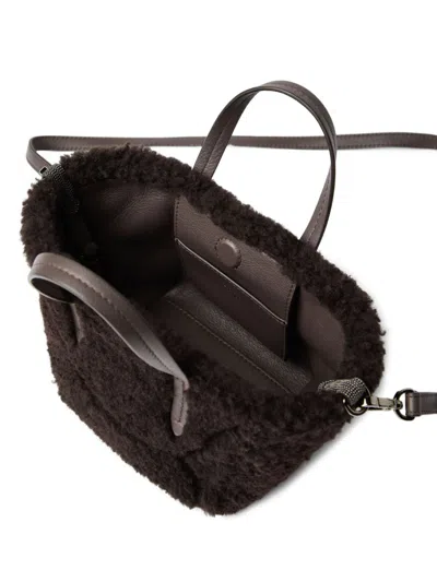 Brunello Cucinelli Duo Shearling Mini Shopper Tote Bag In Brown