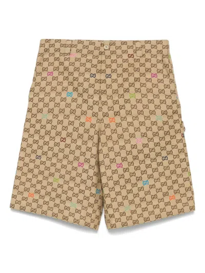 Gucci Men Beige Bermuda Pants With Belt Loops In Gg Canvas Man