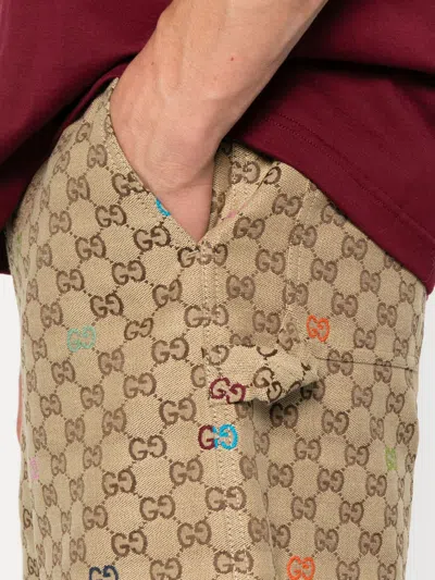 Gucci Men Beige Bermuda Pants With Belt Loops In Gg Canvas Man
