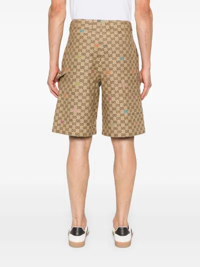 Gucci Men Beige Bermuda Pants With Belt Loops In Gg Canvas Man