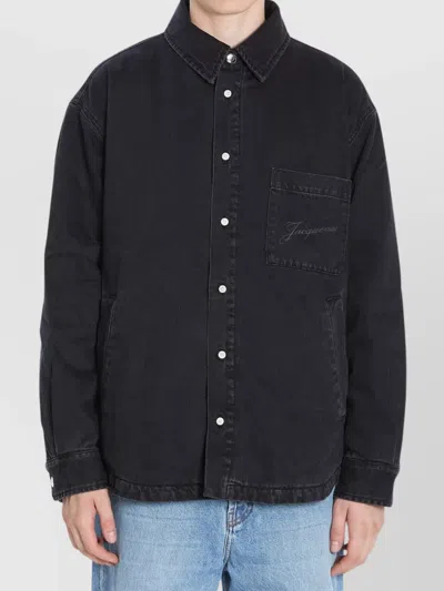 Jacquemus Virgin Wool Long-sleeve Shirt With Embroidered Logo In Black