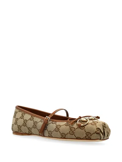Gucci Women Gg Fabric Ballerinas With Iconic Horsebit In Brown