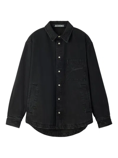 Jacquemus Virgin Wool Long-sleeve Shirt With Embroidered Logo In Black