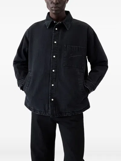 Jacquemus Virgin Wool Long-sleeve Shirt With Embroidered Logo In Black