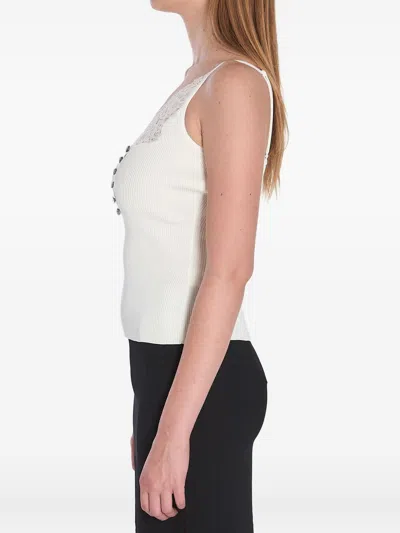 Self-portrait Lace Trim Rib Knit Viscose Blend Top In White