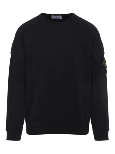 Stone Island Black Long Sleeve Crewneck Sweatshirt With Patch Logo In Blue