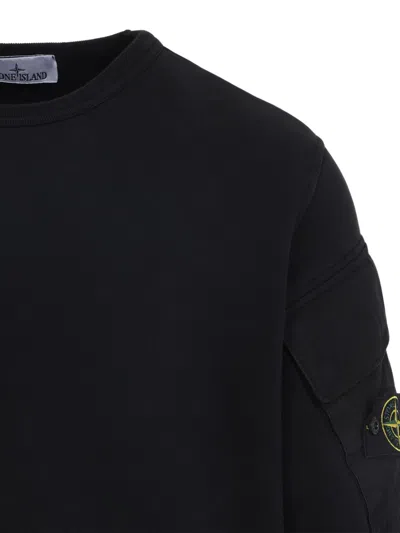 Stone Island Black Long Sleeve Crewneck Sweatshirt With Patch Logo In Blue