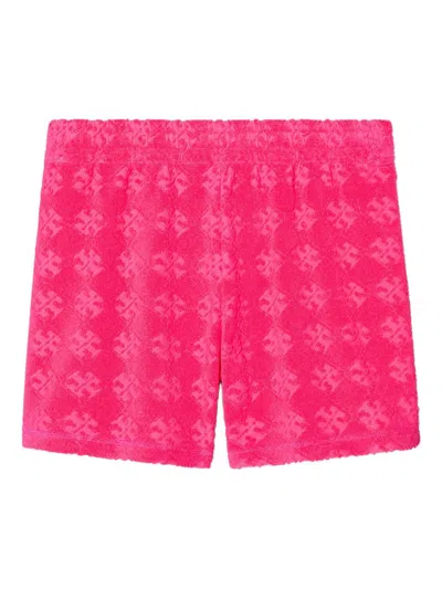 Tory Burch Logo Patterned Cotton Shorts With Elastic Waistband In Pink