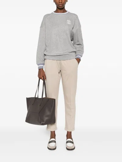 Brunello Cucinelli Crew Neck Logo Embroidered Sweatshirt In Gray