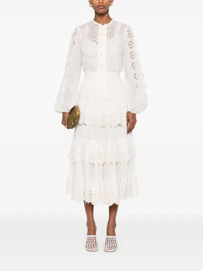 Zimmermann Lucky Embroidered Midi Skirt In White
