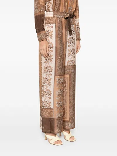 Zimmermann Lucky Silk Wide Leg Pants In Brown