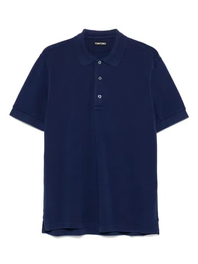 Tom Ford Textured Finish Navy Polo With Front Button Placket In Blue