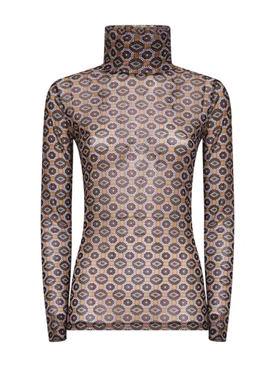 Dries Van Noten Semi-transparent Brown Print Turtleneck Jumper In Brown