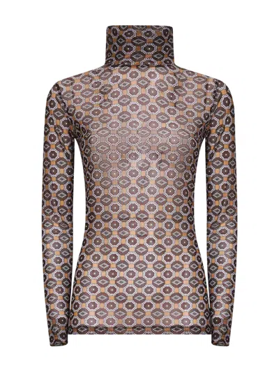 Dries Van Noten Semi-transparent Brown Print Turtleneck Jumper In Brown