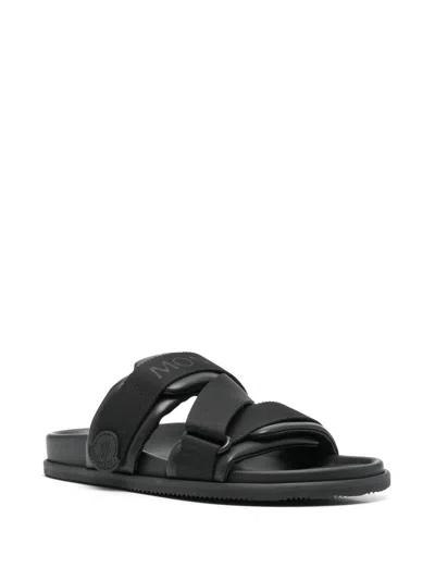 Moncler Black Leather And Fabric Sandals In Animal Print