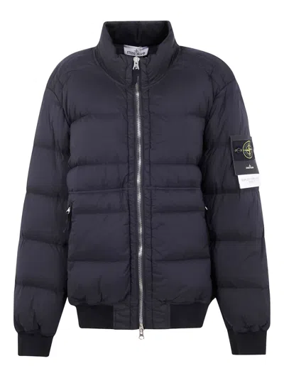 Stone Island Quilted Down Jacket With Ribbed Cuffs And Signature Patch In Blue