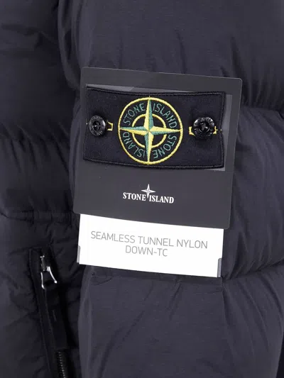 Stone Island Quilted Down Jacket With Ribbed Cuffs And Signature Patch In Blue